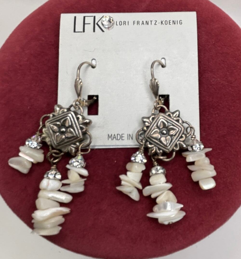 Lori Frantz-Koenig White Faux MOP Bead Rhinestone Dangle SS Earrings NWT #76898